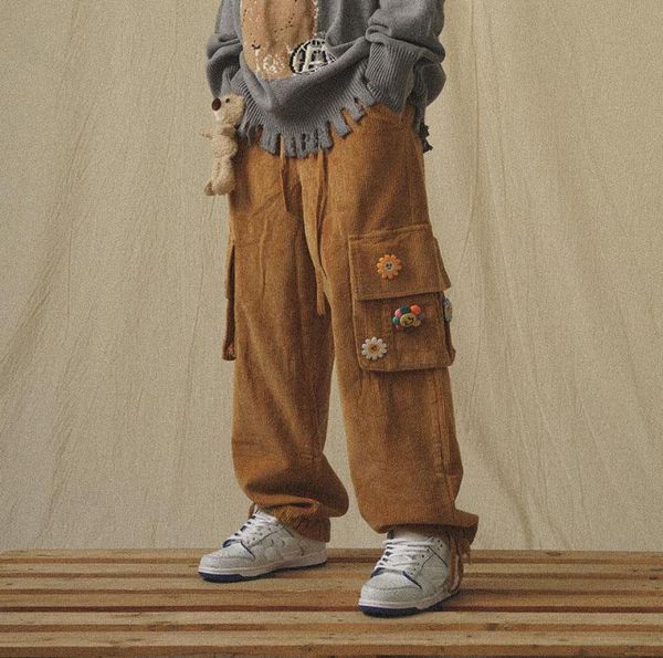 

men039s pants godlikeu japanese streetwear corduroy male vintage brown cargo pockets oversized korean wide leg hip hop trousers4453895, Black