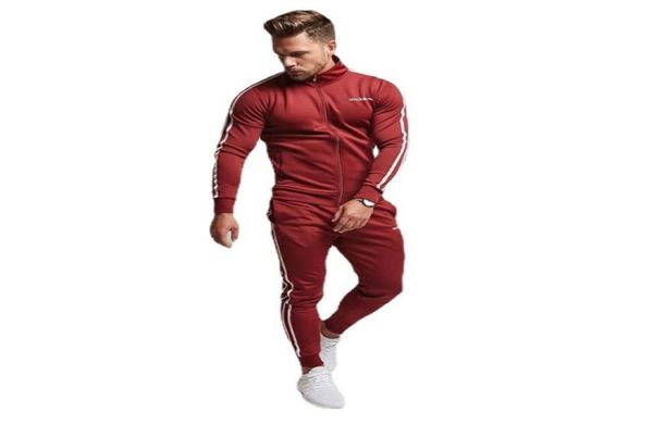 

jogger tracksuits mens slim gym suits side striped zipper hoodies long pants outfits 2 pcs hommes fitting active4913618, Gray
