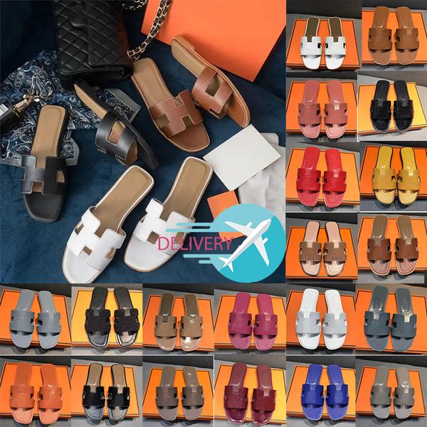 

oran sandal with box fashion sandales h sandals genuine leather women slippers summer luxury flat designer slides ladies beach party wedding, Black