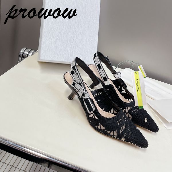 

dress shoes embroidery kitten heel pumps pointed toe slingback lace heels shoe 230803, Black