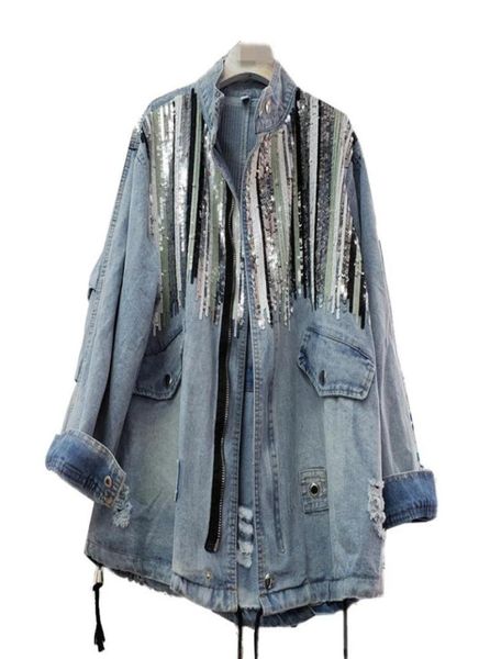 

new sequins splice bomber denim jacket women fashion long sleeve standing collar vintage hole drawstring jeans jacket female7627667, Black;brown