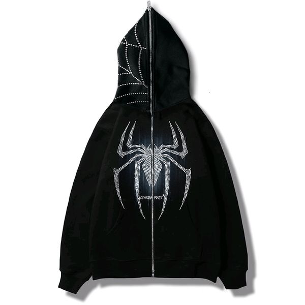 

men's hoodies sweatshirts spider web black rhinestones hoodie sweatshirt zipper warm harajuku punk grunge y2k clothing women hip hop sw