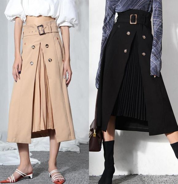 

stitching pleated layered high waist belt fake twopiece skirt71550716585414, Black