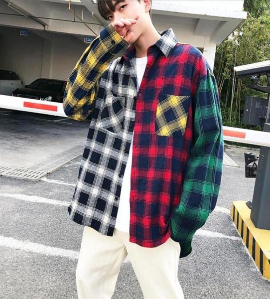 

new korean fashion kpop jacket shirts mens plaid shirts long sleeve streetwear hip hop male 100 cotton flannel loose 40o7652546, White;black