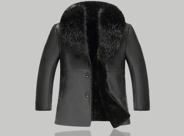 

men fashion large fur collar winter warm leather jacket 2018 slim long singlebreasted slim coats motorcycle leather jackets8486928, Black