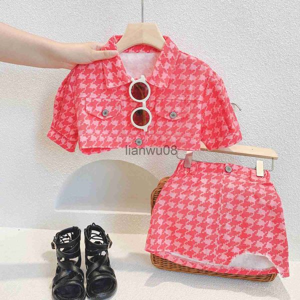 

clothing sets spring summer new children's clothing sets for girls pocket cardigan fashion plaid shortsleeved kirt street style suit x0, White