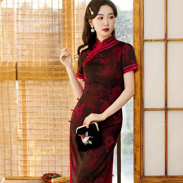 

ethnic clothing 2023 women's long qipao chinese style traditional cheongsam bride toast dress temperament printed tang suit, Red