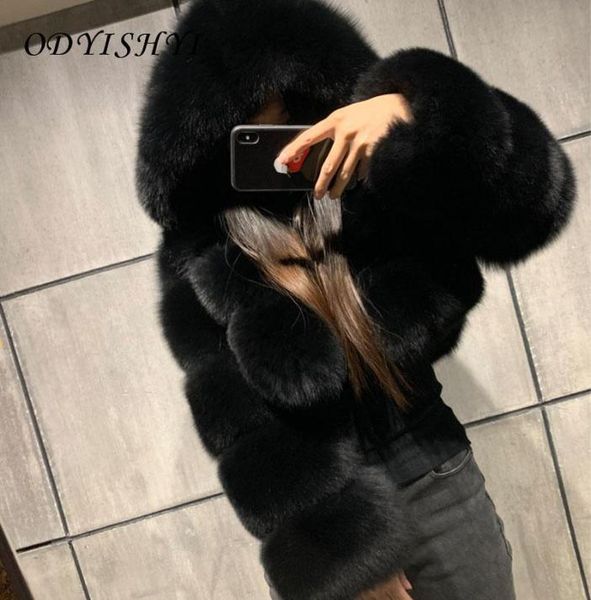 

women039s fur faux furry cropped coat parka women hooded jacket fluffy 2021 winter artificiel warm outwear m3258210, Black