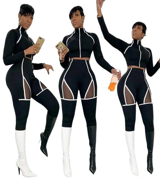 

striped patchwork 2 piece pants women outfits black unique high neck long sleeve crop high waist skinny pants suits1376454, White