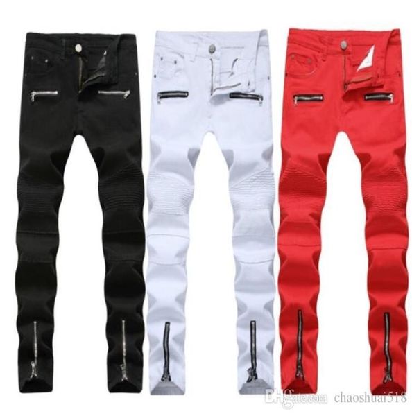 

new high street motorcycle zipper wrinkle leisure jeans highelastic men039s slim trousers7541824, Blue