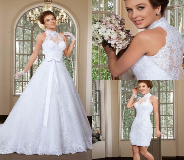 

2016 elegant a line high neck wedding dress detachable skirt wedding dresses sweep train beach bridal gowns vestido de noiva8336546, White