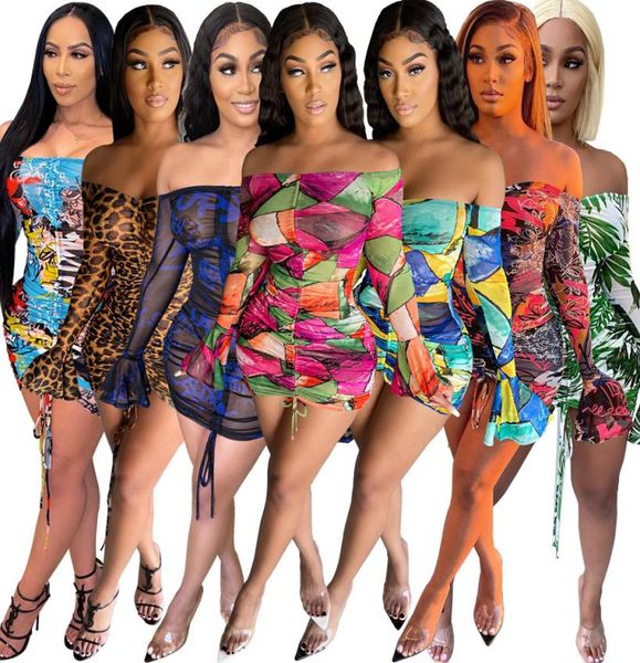 

snake tie dye printed ruch drawstring wrap dress woman off shoulder long flare sleeve sheath dresses retro backless robe femme6596496, White;black