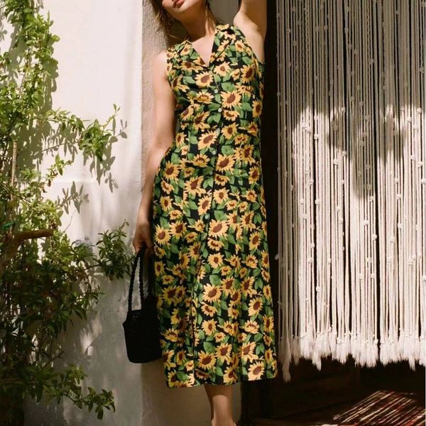 

designer dress french women designer clothing sunflower printed sleeveless mid length dress with a lapel and single breasted split dress 8, Black;gray