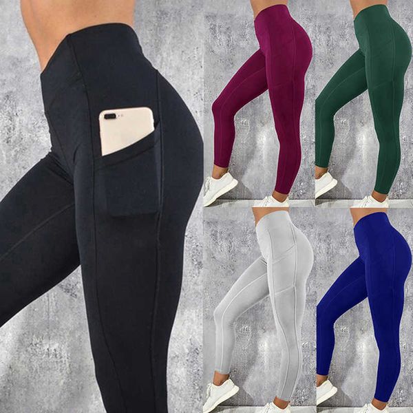 

pocket sports leggings women solid high waist fitness yoga pants female elastic plus size running gym legging trousers xxxl, Black