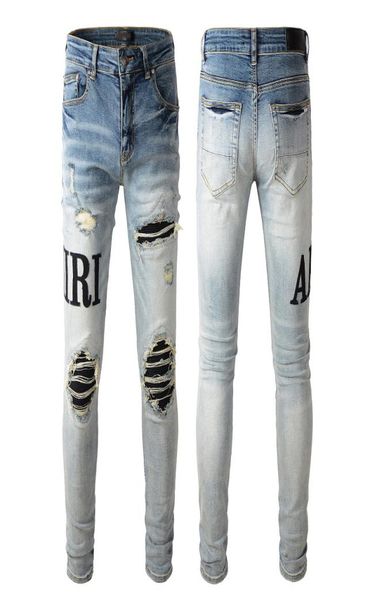 

2022 mens jeans distressed motorcycle biker jean rock skinny slim ripped hole letter uality brand hip hop denim pants8412777, Blue