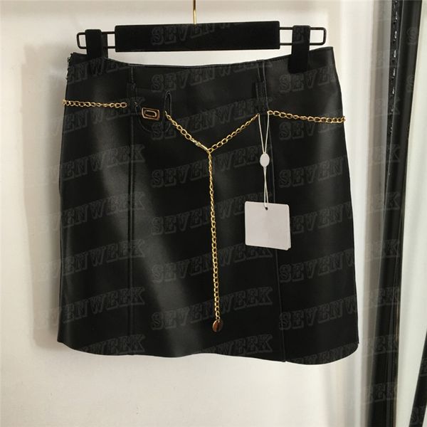 

genuine leather short dress womens designers skirts with waist chain party nightclub mini skirt for lady, Black