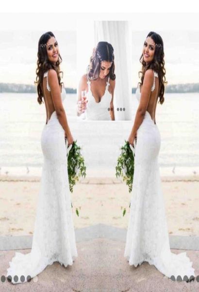 

mermaid beach lace wedding dresses 2019 modest fashion spaghetti backless country bohemian fishtail bridal holiday dress1515378, White