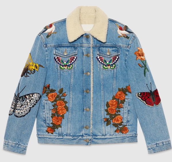 

new design denim jacket women in 2016 embroidery lamb fur warm thick outerwear short navy blue jeans female jacket 2708208, Black;brown