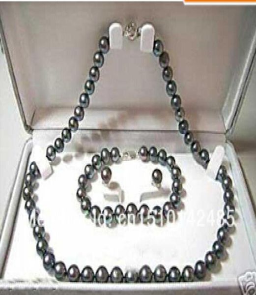 

new fine genuine pearl jewelry set natural 8mm black pearl necklace bracelet earring set1332745
