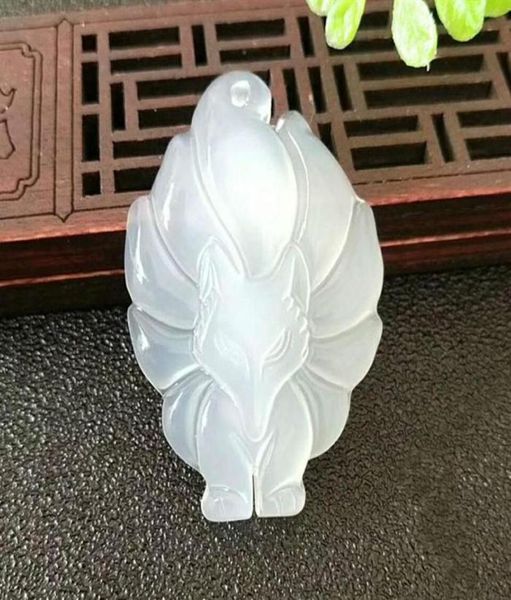 

natural white agate pendant chalcedony fox recruit peach blossom ninetailed fox female pendant necklace sweater chain jewelry gift6249941, Silver
