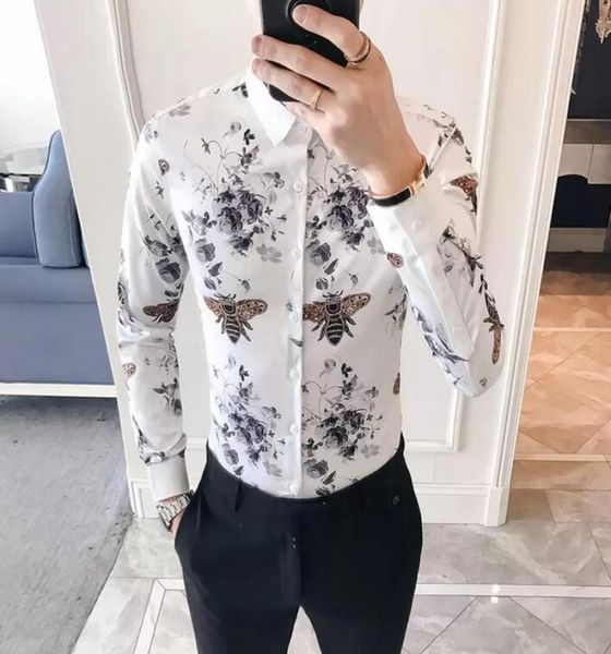 

desinger print shirt men korea slim fit long sleeve camisa masculina chemise homme social dress party club shirts4266228, White;black