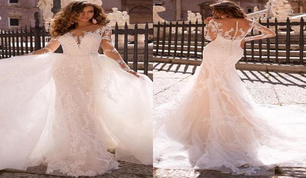 

wedding dress with detachable train vestido de novia sirena lace mermaid dresses sheer mesh long sleeves bridal gowns6253085, White