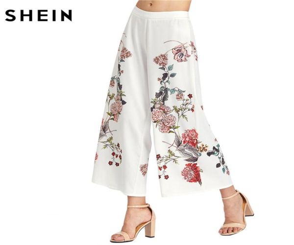 

shein women white botanical print zip side wide leg pants ladies summer zipper fly mid waist floral elegant long trousers3253869, Black;white