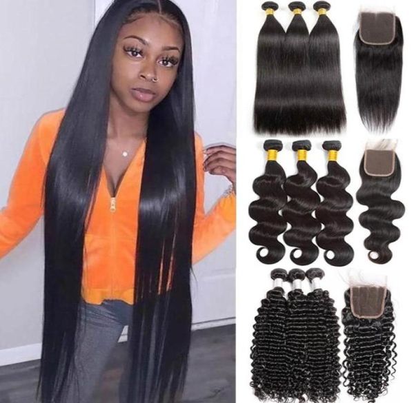 

30 inch straight human hair bundles with closure frontal brazilian body wave kinky curly deep water yaki loose ylove virgin remy n6903315, Black;brown