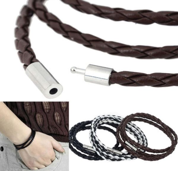 

whole2016 new fashion womens mens black leather interlaced cuff bangle wristband bracelet 7 colors drop 1691483, Golden;silver