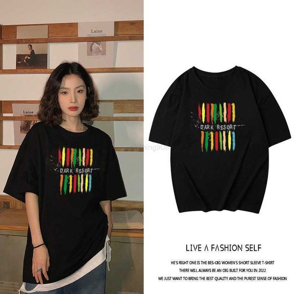 

summer new women's t-shirt 2022 fashion casual printed pure cotton round neck short sleeves loose shoulder sleeves couple clothes, White