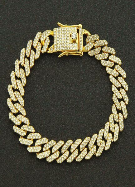 

12mm 789inch hip hop gold silver rosegold iced out miami cuban link chain bracelets9675613, Black