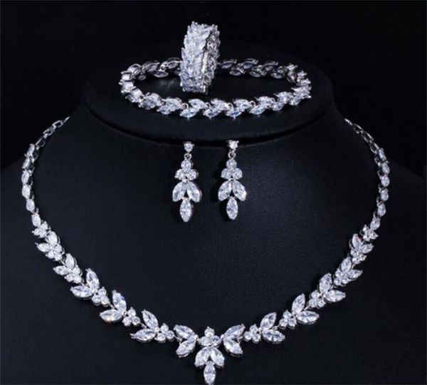 

4pcs cubic zircon women wedding jewelry sets luxury bridal necklace earrings ring and bracelet dress accessories7829236, Slivery;golden