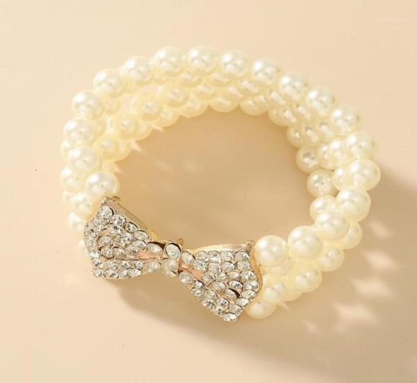 

new baroque multilayer imitation pearl bracelet metal gold bow rhinestone charm bracelets for women party jewelry accessories12899091, Golden;silver