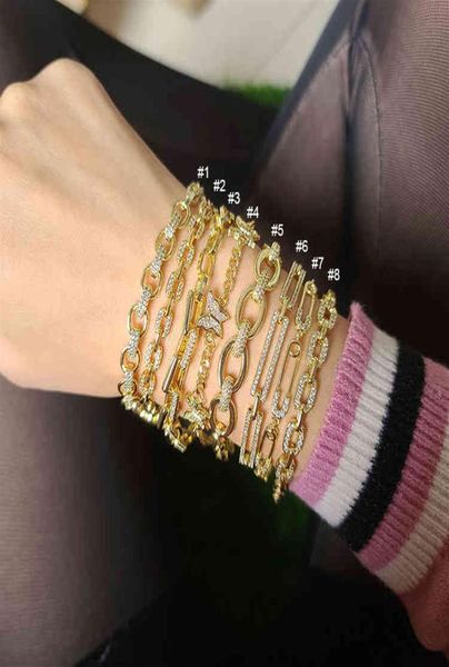 

bc1283 fashion 18k gold plated zircon cz micro pave curb cuban paperclip safety pin link chain adjustable bracelets for women291z3412078, Golden;silver