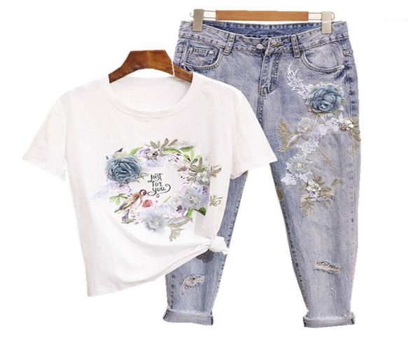 

women denim two piece set heavy beaded embroideried 3d flower printed cotton tshirts ripped jeans 2 pieces clothing sets suits11246691, White