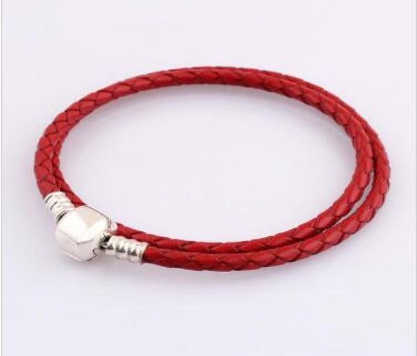 

wholesale-fashion womens 925 sterling silver red double layer leather bracelet fit charms beads jewelry men bangle with original box2250230, Golden;silver