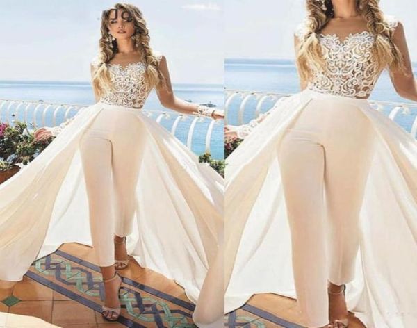 

unique jumpsuit wedding dresses with detachable train ankle length jewel neck appliques outfit bridal dress satin overskirt robes 4320948, White
