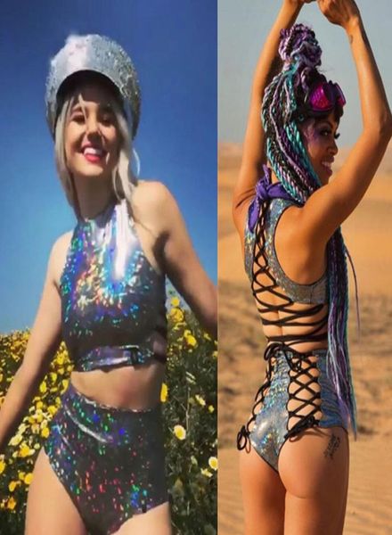 

women colorful holographic bodycon 2 piece playsuits festival rave clothes wear outfits nightclub lace up bodysuit rompers t27643842, Black;white