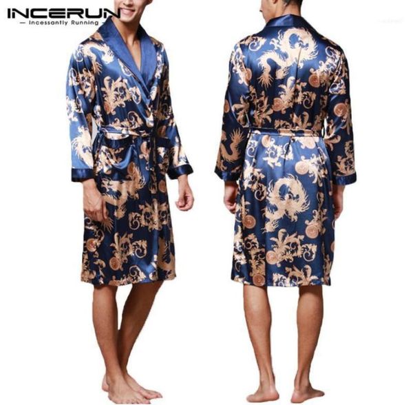 

incerun fashion satin silk pajamas mens robe long sleeves bathrobe lucky chinese dragon print gown bathrobe sleepwear lounge113792644, Black;brown