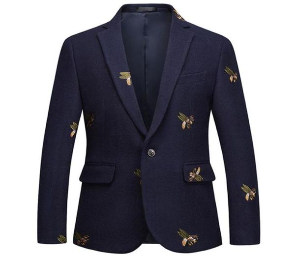 

bee embroidery blazer slim fit masculino abiti uomo wedding prom blazers tweed wool for men stylish suit jacket9144657, White;black
