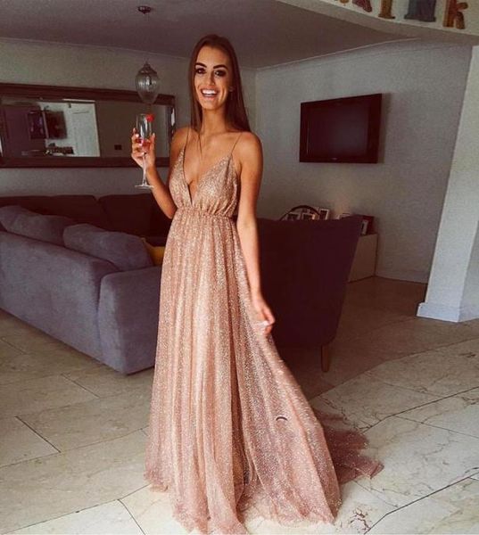 

glamorous vneck spaghetti strap backless evening dress 2019 sequins long prom gowns formal sweep train party dresses1478432, Black;red
