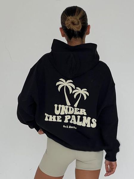 

women's hoodies sweatshirts back coconut tree hoodie woman autumn winter pocket hooded cotton pullover femme casual vintage sweatshirt, Black