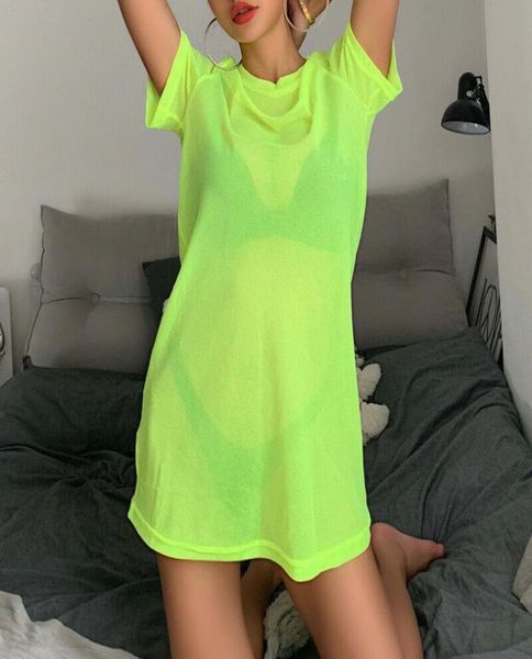 

casual dresses women sheer mesh bikini cover up swimwear swimsuit bathing suit see through short sleeve tshirt summer b3704245, Black;gray