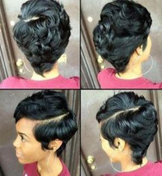 

human hair pixie cut wigs for black women machine made with baby little lace front wig side part6482630, Black;brown