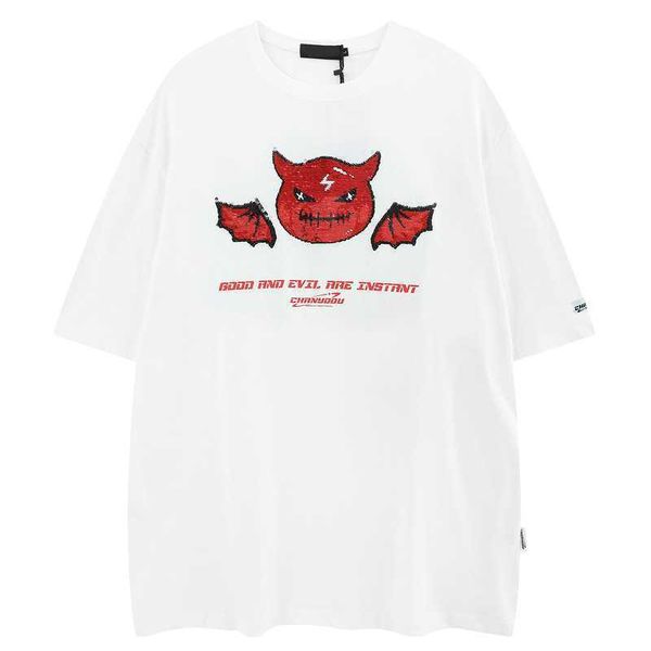 

galleries qilin fashion design gradual cartoon beads heavy industry short sleeve t-shirt men's and women's american college tee, White;black