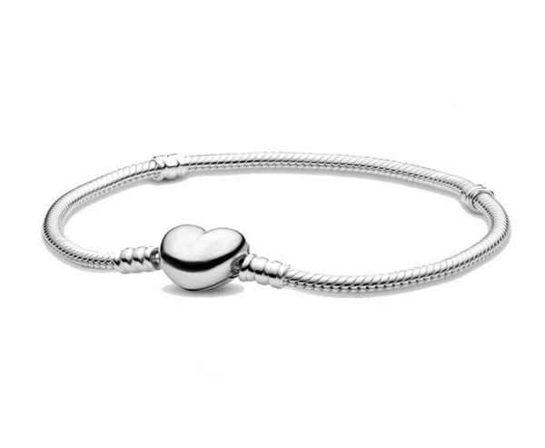 

s925 sterling silver plated bracelet heart clasp chain bracelet fit pandora charm beads bracelets women dadies diy jewelry making 16-23cm wh, Golden;silver