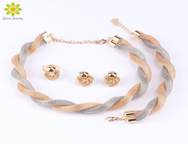 

dubai african 18k gold plated exaggerated choker necklace earrings bracelet ring fashion wedding bridal costume jewelry sets7089662, Slivery;golden