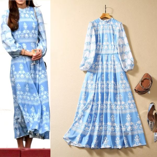 

high-quality palace style printed lantern sleeve long dress, Black