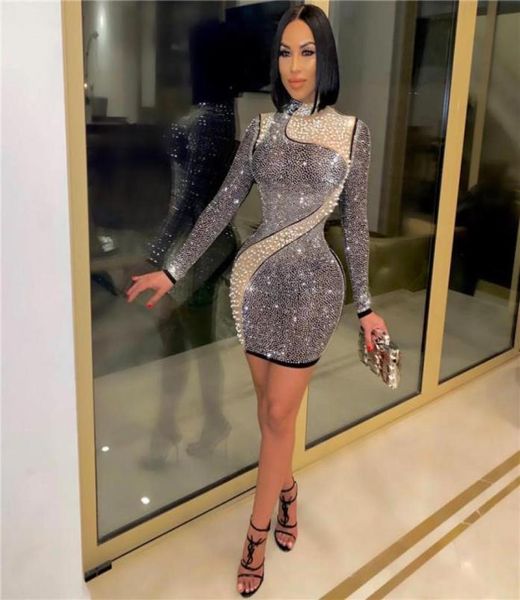 

casual dresses women o neck diamonds dress designer long sleeve bodycon mini mesh patchwork party club elegant vestidos1888970, Black;gray