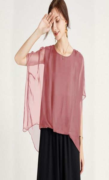 

8006 jry new summer fashion silk blouses women round collar half sleeve lady solid color irregular blouses plus size pinkwh167894126, White
